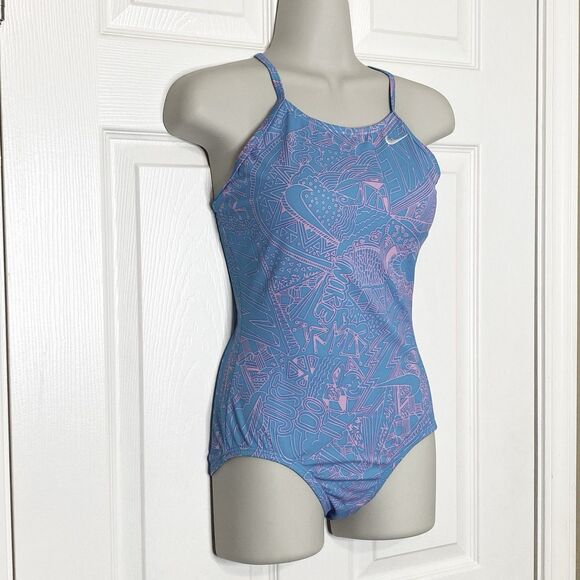 Nike Girls One-Piece Swimsuit Cross Back Blue Pink Size Large (12-13 years old) - Picture 4 of 9
